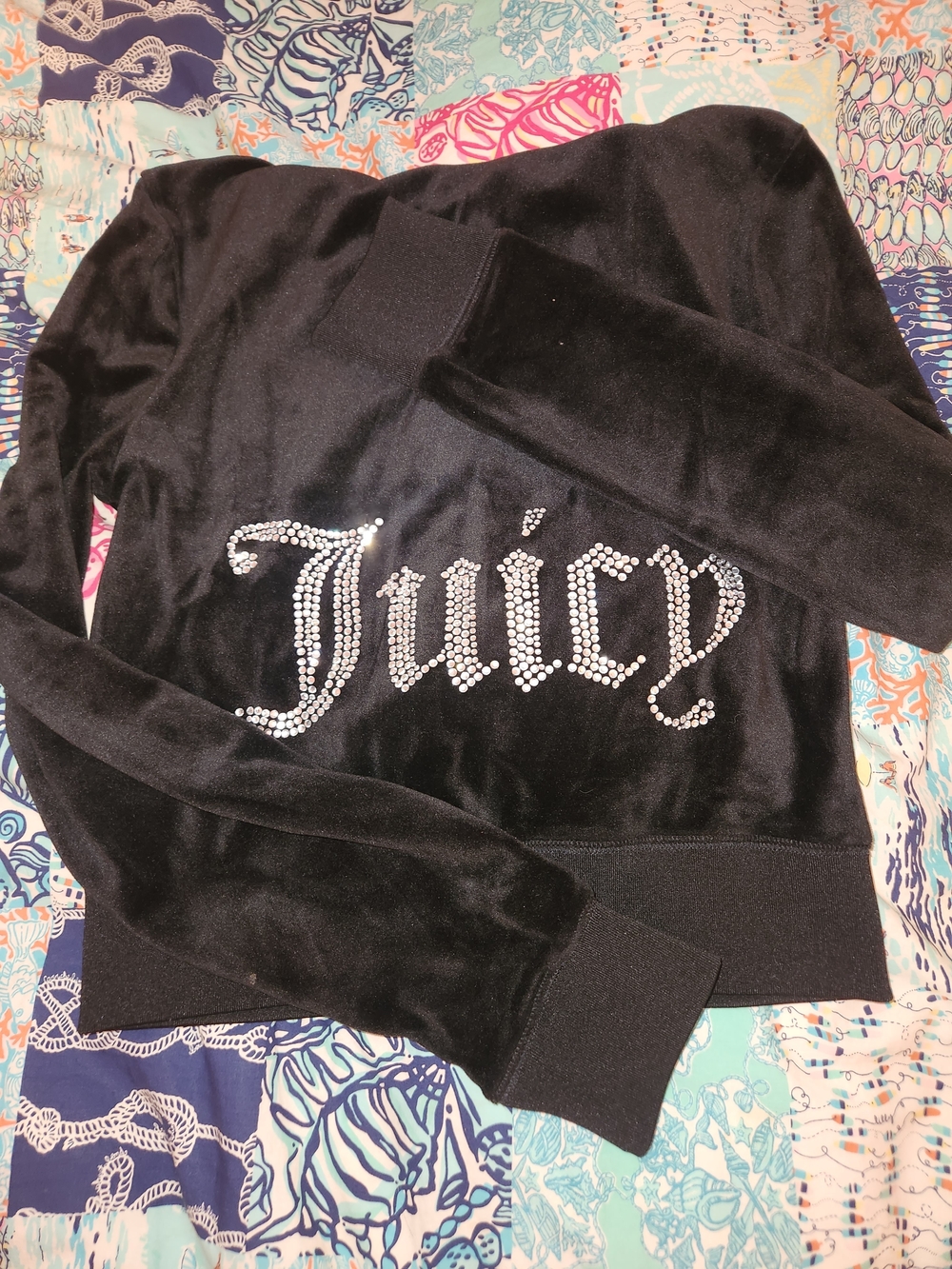 Juicy Couture Black Velour Rhinestone Logo Track Jacket